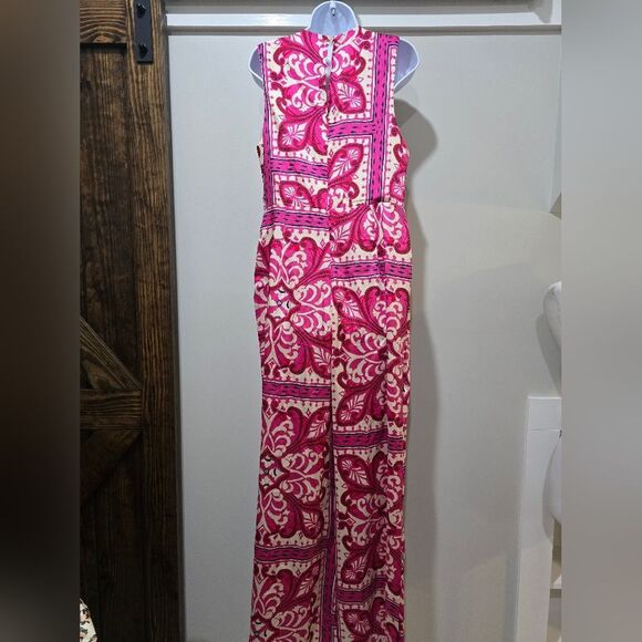 MANGO Printed jumpsuit with metal detail NWT Size Large Pink And Cream - Picture 4 of 6